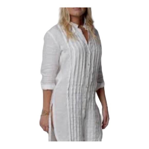 Claudio Milano white Italian linen pleated button down tunic blouse size M - Picture 2 of 15